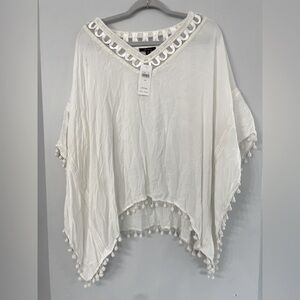 New! Ella Moss Sm/XS white with cream pompom embroidery and fringe caftan top